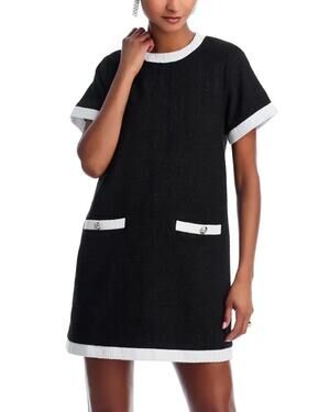 Aqua Black White Tweed Short Sleeve Crew Neck Zip T Shirt Mini Shift Dress Sz M